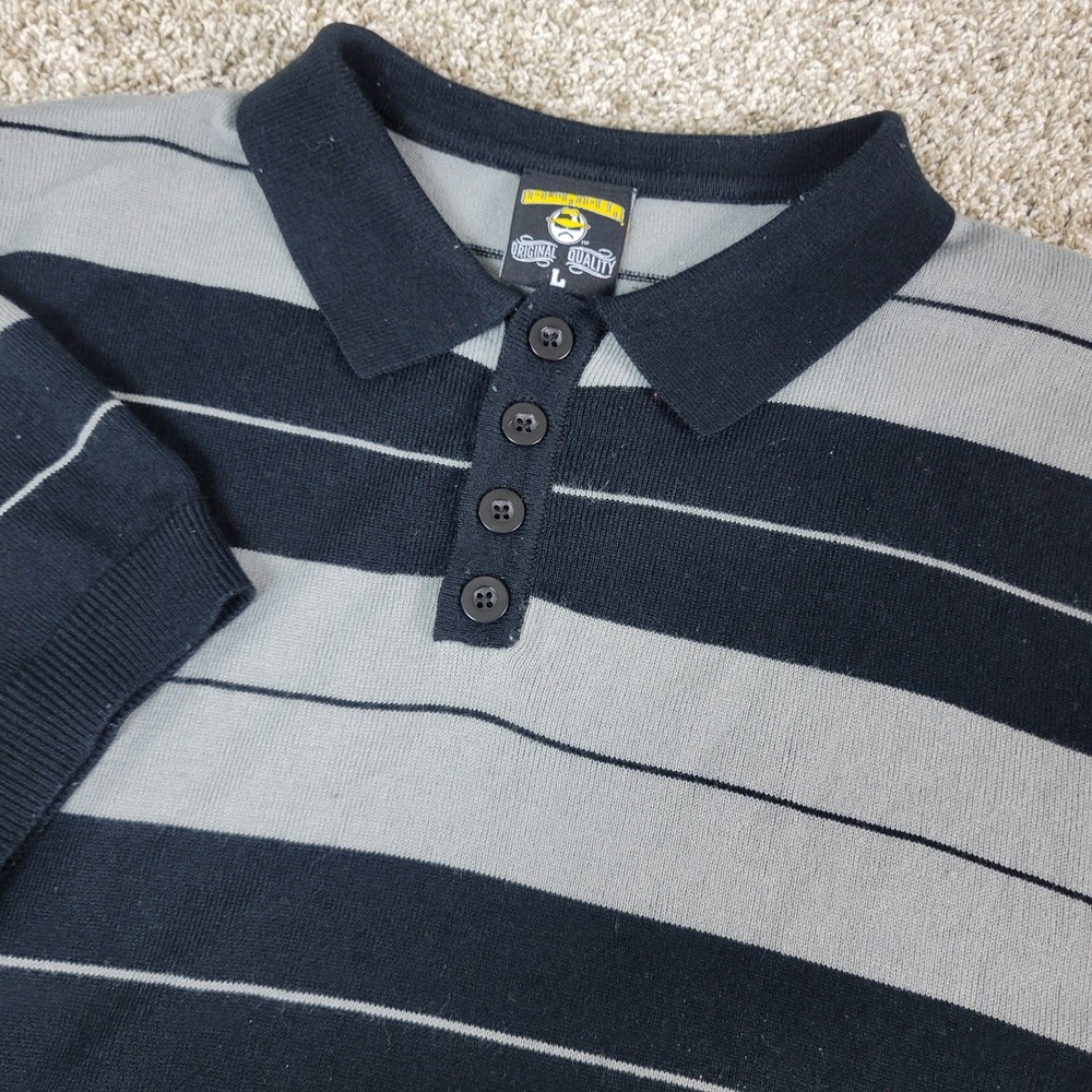 Lowrider‎ Mens Large Black Gray Striped Stretch Knit Polo Short Sleeve